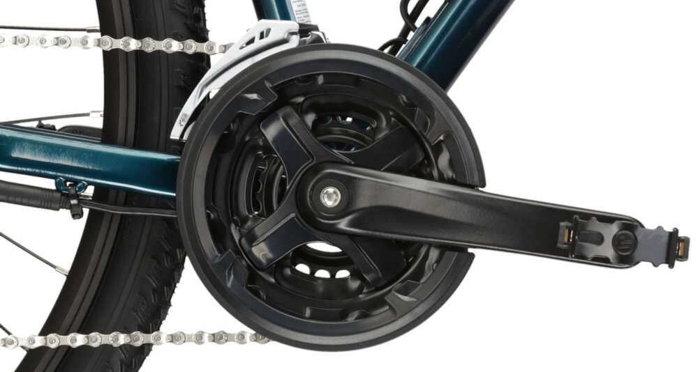 Rower elektryczny KROSS Hexagon Boost 345 M19 29 cali Turkusowo-biały zbliżenie na korbę i wolnobieg lekka i wydajna korba marki PROWHEEL typu 42T-34T-24T/170 mm wolnobieg marki SHIMANO typu 14-28T solidny wytrzyma obciążenie nawet w trudnych warunkach wytrzyma bardzo duży nacisk na pedały