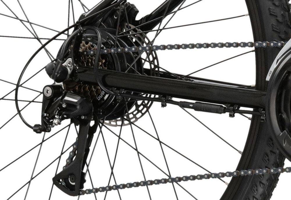 Rower elektryczny KROSS Lea Boost 522 D16 27.5 cala Czarno-różowy zbliżenie na przerzutkę manetki MicroShift typu Mezzo 21 biegów przednia przerzutka SHIMANO Tourney tylna SHIMANO Acera duża wytrzymałość sprawne działanie zmiana biegów jest płynna i bezproblemowa przerzutki SHIMANO do rekreacyjnej jazdy