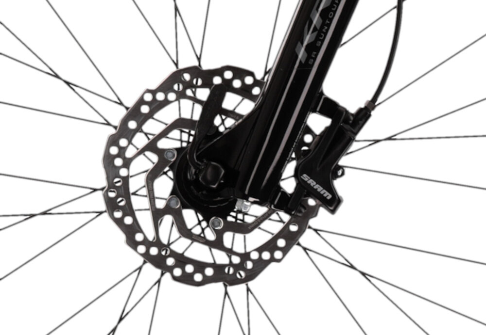 Rower górski MTB KROSS Level 4.0 M17 29 cali męski Szaro-czerwony zbliżenie na hamulec podstawa bezpieczeństwa hamulce tarczowe hydrauliczne duża siła hamowania sprawdzają się w każdych warunkach pogodowych i na każdej trasie płyn hamulcowy hamulce z przodu i z tyłu podwójny pakiet bezpieczeństwa