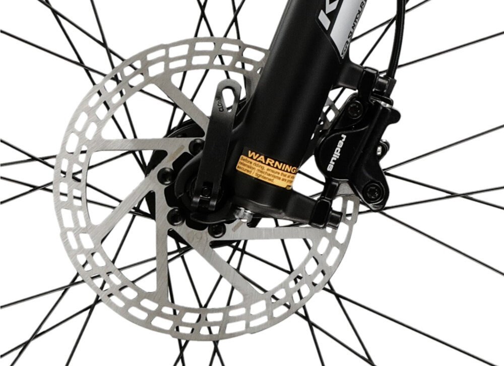 Rower młodzieżowy KROSS Level Jr 3.0 24 cale dla chłopca Czarno-niebiesko-srebrny zbliżenie na tarczę hamulcową podstawa bezpieczeństwa hamulce tarczowe mechaniczne bardzo duża siła hamowania hamulce z przodu i z tyłu podwójny pakiet bezpieczeństwa