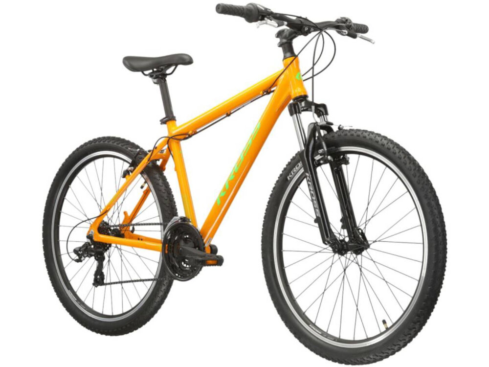 Rower górski MTB KROSS Hexagon 1.0 M17 26 cali męski Pomarańczowo-zielony rower na białym tle widoczny od przodu pod skosem środek codziennego transportu relaks pasja uniwersalność