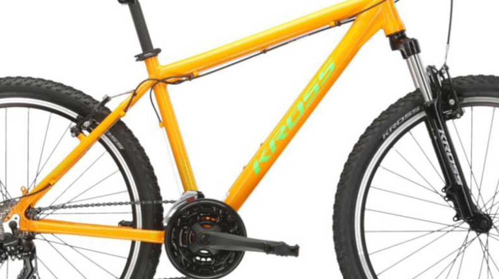 Rower górski MTB KROSS Hexagon 1.0 M19 26 cali męski Pomarańczowo-zielony zbliżenie na ramę 19-calowa aluminiowa ramę rower zwinny lekki łatwo go podnieść odporność na korozję wybór rozmiaru ramy Twój wzrost mierzony w zrelaksowanej pozycji typ roweru dla osób o wzroście od 168 do 174 cm