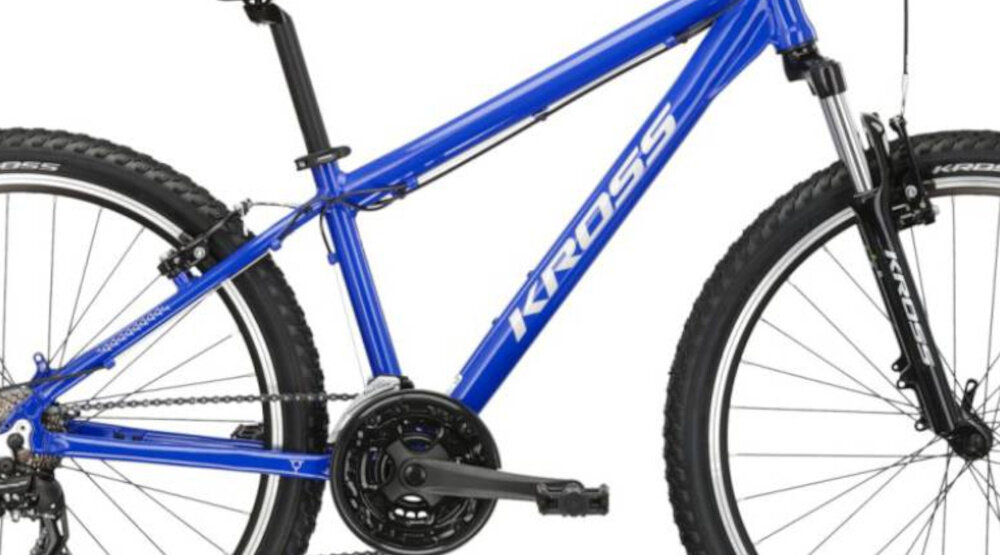 Rower górski MTB KROSS Hexagon 1.0 M19 26 cali męski Niebiesko-srebrny zbliżenie na ramę 19-calowa aluminiowa ramę rower zwinny lekki łatwo go podnieść odporność na korozję wybór rozmiaru ramy Twój wzrost mierzony w zrelaksowanej pozycji typ roweru dla osób o wzroście od 168 do 174 cm
