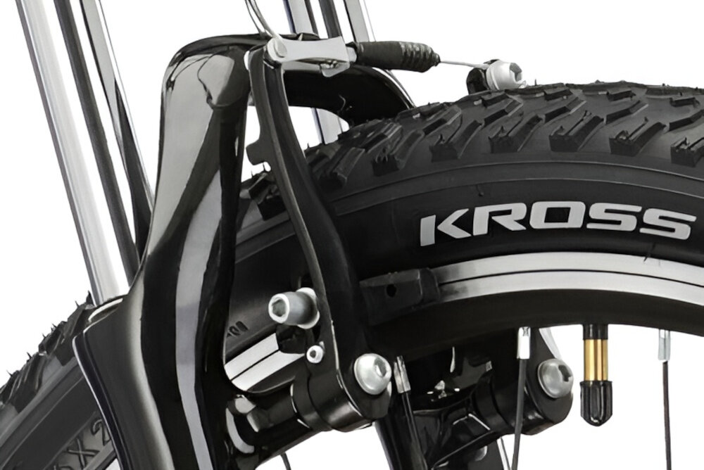 Rower górski MTB KROSS Hexagon 1.0 M19 26 cali męski Niebiesko-srebrny zbliżenie na hamulec podstawa bezpieczeństwa hamulce V-Brake lekkie duża siła hamowania hamulce z przodu i z tyłu podwójny pakiet bezpieczeństwa