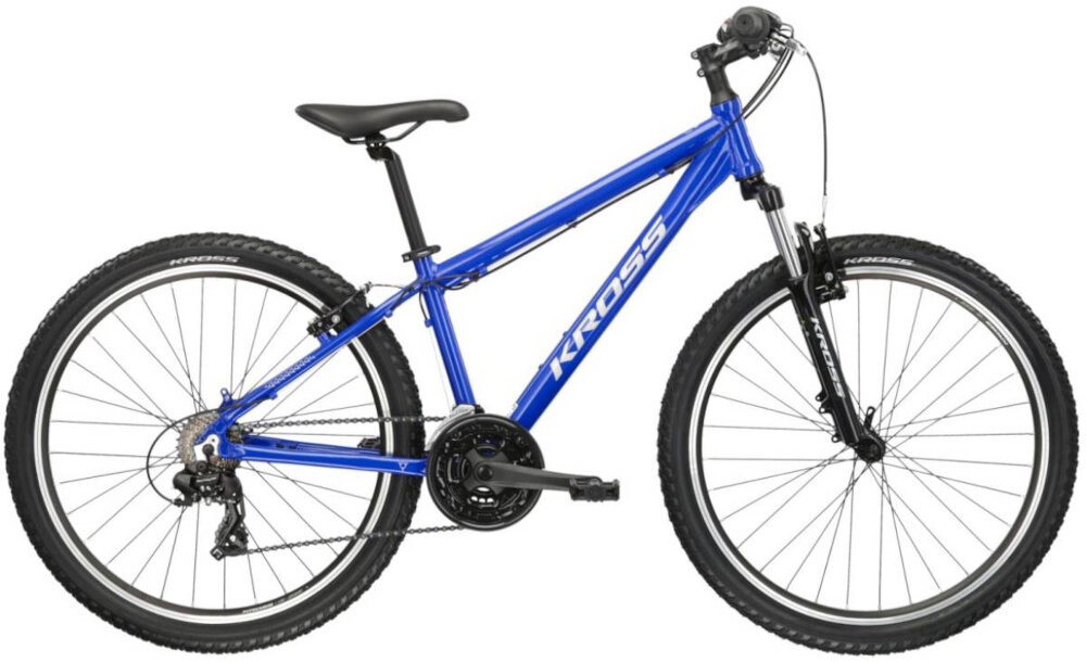 Rower górski MTB KROSS Hexagon 1.0 M19 26 cali męski Niebiesko-srebrny rower na białym tle widoczny z boku specjalne gwinty możliwość przymocowania uchwytu na bidon