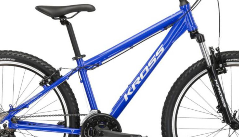 Rower górski MTB KROSS Hexagon 1.0 M17 26 cali męski Niebiesko-srebrny zbliżenie na ramę widok z boku 17-calowa aluminiowa ramę rower zwinny lekki waga 13,6 kg łatwo go podnieść odporność na korozję wybór rozmiaru ramy Twój wzrost mierzony w zrelaksowanej pozycji typ roweru dla osób o wzroście od 157 do 168 cm