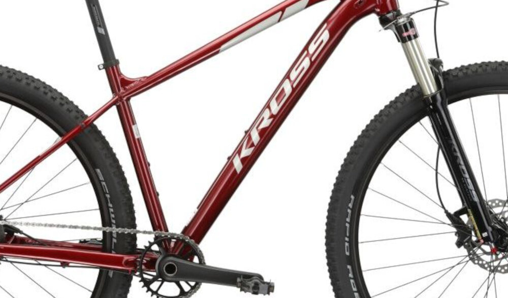 Rower górski MTB KROSS Level 6.0 M17 29 cali męski Rubinowo-srebrny zbliżenie na ramę 17-calowa aluminiowa ramę rower zwinny lekki łatwo go podnieść odporność na korozję wybór rozmiaru ramy Twój wzrost mierzony w zrelaksowanej pozycji typ roweru dla osób o wzroście od 180 do 188 cm