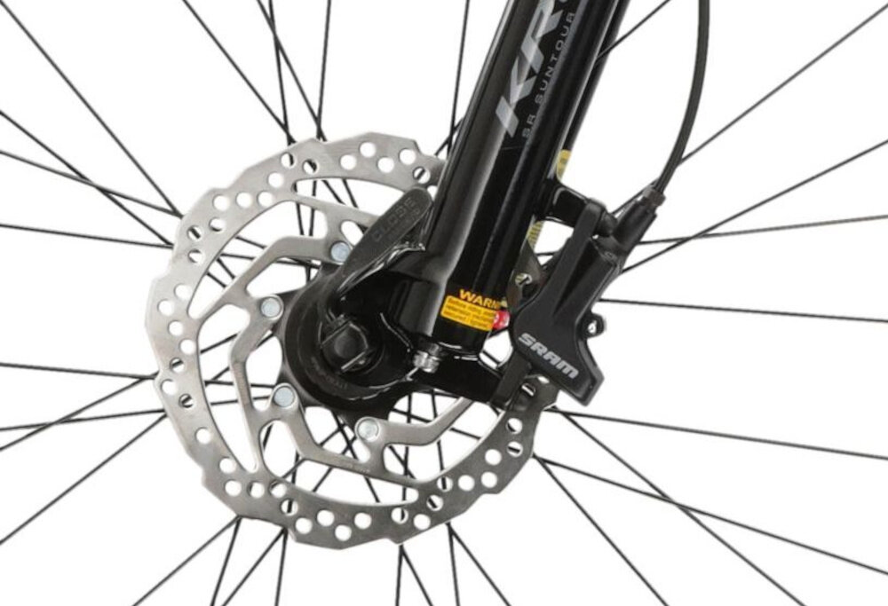 Rower górski MTB KROSS Level 6.0 M17 29 cali męski Rubinowo-srebrny zbliżenie na hamulec podstawa bezpieczeństwa hamulce tarczowe hydrauliczne duża siła hamowania sprawdzają się w każdych warunkach pogodowych i na każdej trasie płyn hamulcowy hamulce z przodu i z tyłu podwójny pakiet bezpieczeństwa