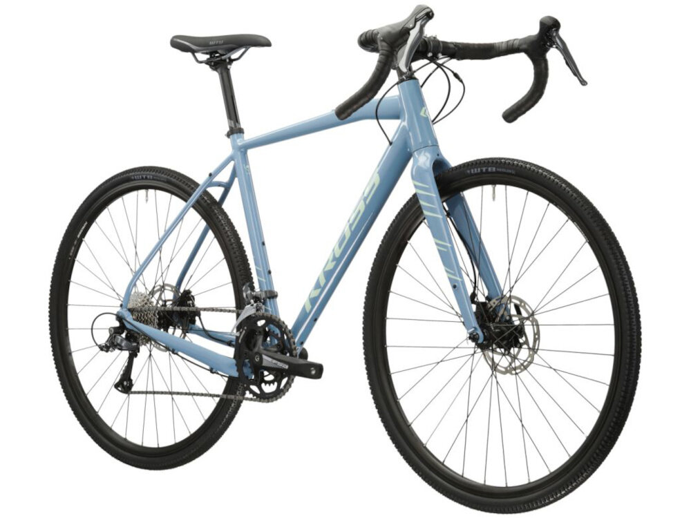 Rower gravel KROSS Esker 1.0 M20 28 cali męski Niebiesko-zielony rower widoczny od przodu pod skosem pasja hobby aktywność jazd rowerem