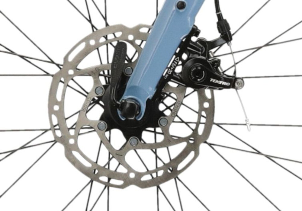 Rower gravel KROSS Esker 1.0 M19 28 cali męski Niebiesko-zielony zbliżenie na hamulec podstawa bezpieczeństwa hamulce tarczowe mechaniczne bardzo duża siła hamowania hamulce z przodu i z tyłu podwójny pakiet bezpieczeństwa