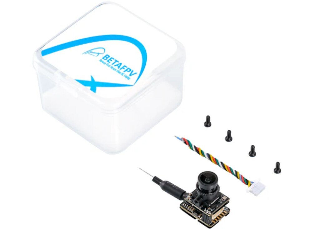 Kamera BETAFPV C04 + Moduł M04 VTX Zestaw akcesoriów obejmujący przezroczyste pudełko z logo oraz moduł kamery wraz z kolorową wiązką kabli i czterema śrubkami na białym tle