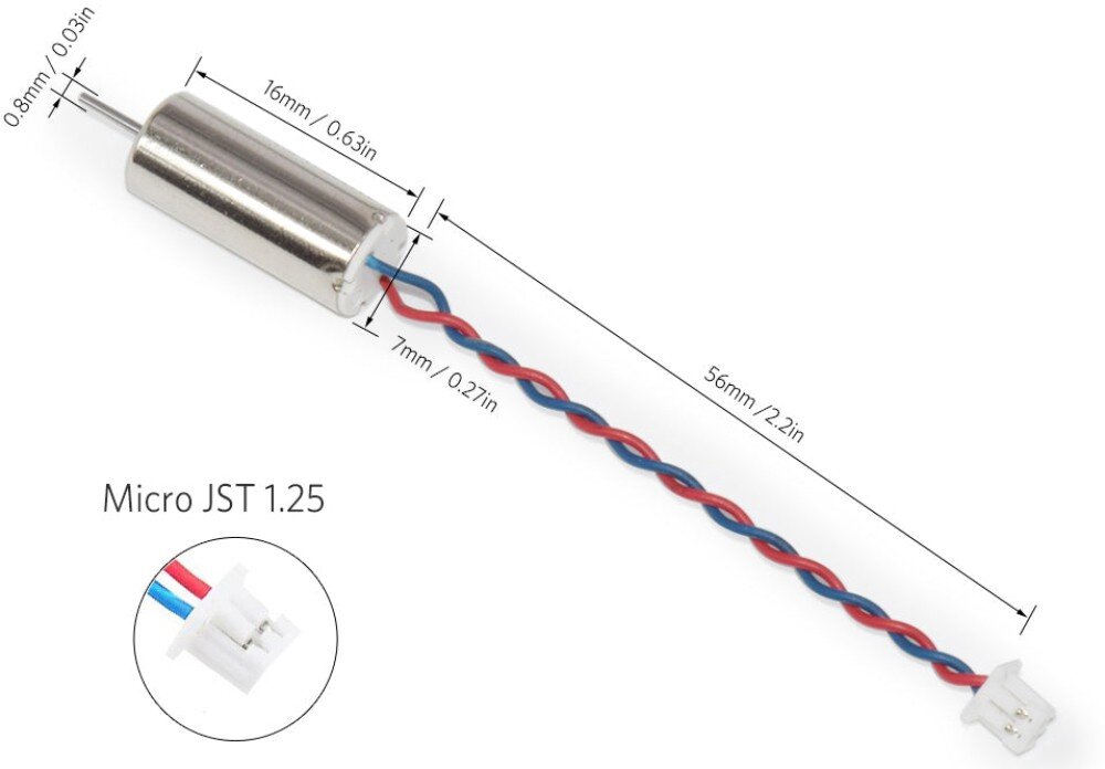 Silnik BETAFPV 7x16 mm 19000KV (4 szt.) Srebrny silnik z wymiarami: długość 16mm, średnica 7mm, długość wału 0,8mm oraz długość przewodu 56mm i zbliżeniem na wtyczkę Micro JST 1.25