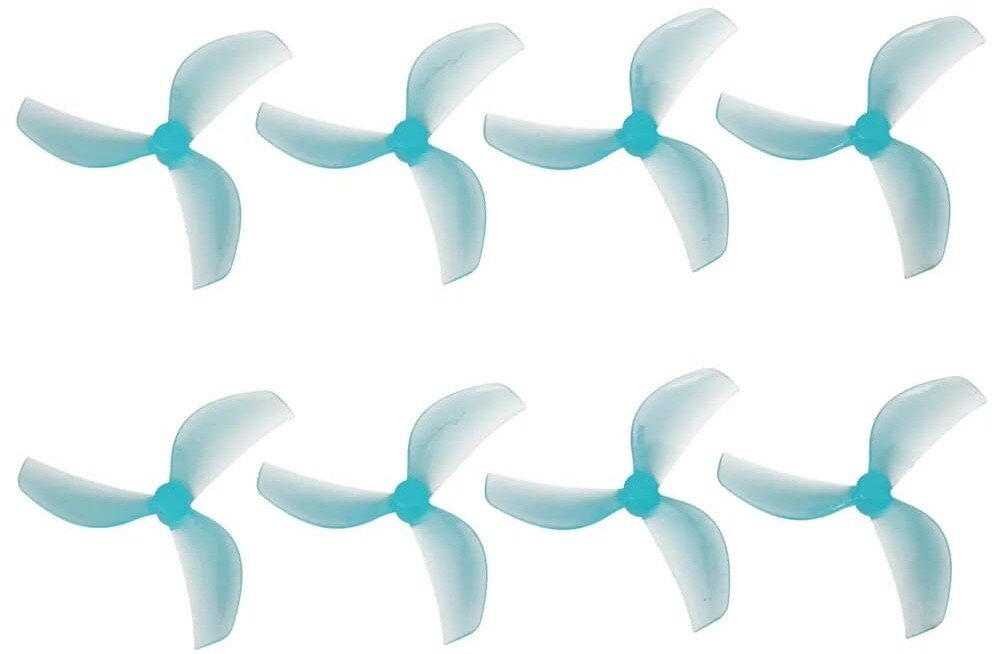 Śmigła BETAFPV Gemfan Zestaw ośmiu jasnoniebieskich śmigieł o trzech łopatach ułożonych w dwóch równych rzędach na białym tle