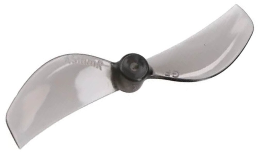 Śmigła BETAFPV Gemfan 45MM Szary Zbliżenie na pojedyncze szare i półprzezroczyste śmigło o dwóch łopatach z widocznym otworem montażowym pośrodku