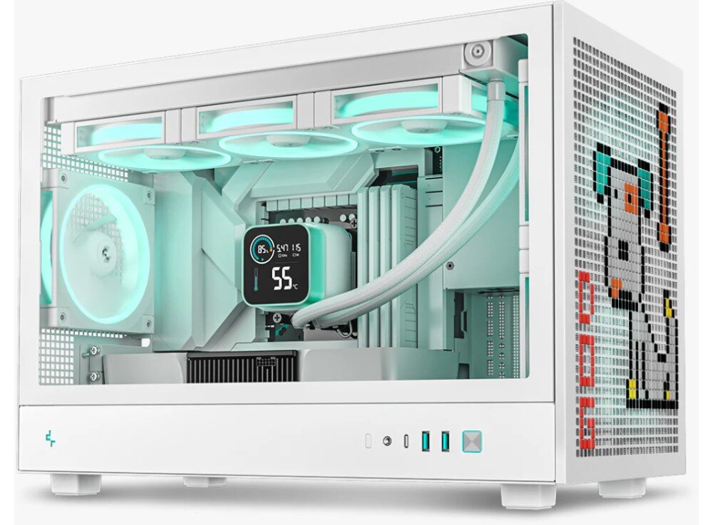 Obudowa DEEPCOOL CH260 obudowa komputerowa z zamontowanymi podzespołami podświetlonymi na turkusowo oraz grafiką ułożoną z pomarańczowych i białych elementów pixel na frontowej siatce