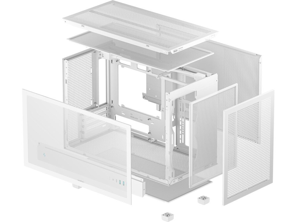 Obudowa DEEPCOOL CH260 rzut izometryczny rozłożonej na części obudowy komputerowej pokazujący demontowalne panele siatkowe, szkło hartowane oraz filtry przeciwkurzowe