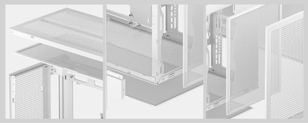 Obudowa DEEPCOOL CH260 zestaw trzech detali pokazujących sposób montażu filtrów przeciwkurzowych oraz dopasowanie paneli siatkowych do szkieletu obudowy