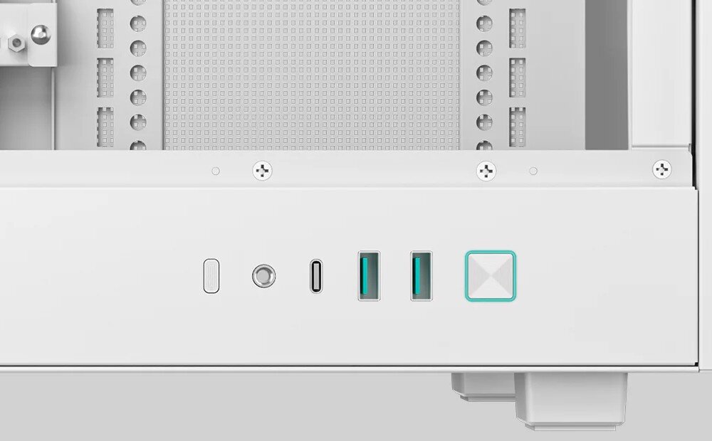 Obudowa DEEPCOOL CH260 panel przedni obudowy z przyciskiem zasilania, dwoma portami usb typu a, jednym portem usb typu c oraz gniazdem audio na ciemnym tle