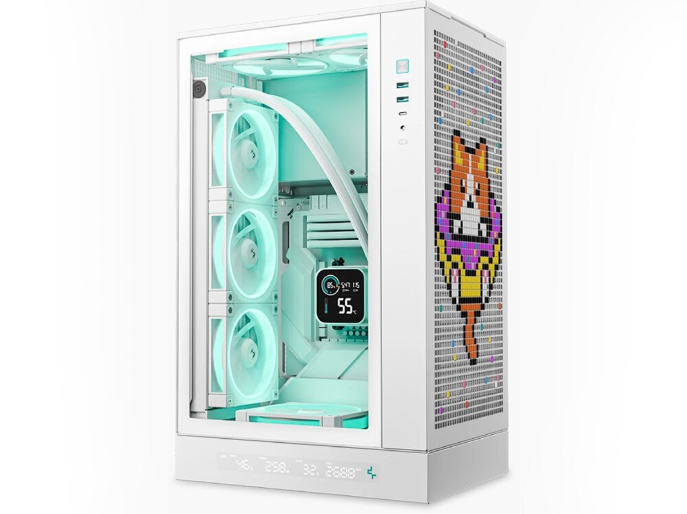 Obudowa DEEPCOOL CH270 Digital WH Wnętrze obudowy z pracującymi komponentami podświetlonymi na jasnoniebiesko oraz dekoracja z kolorowych elementów na bocznym panelu siatkowym