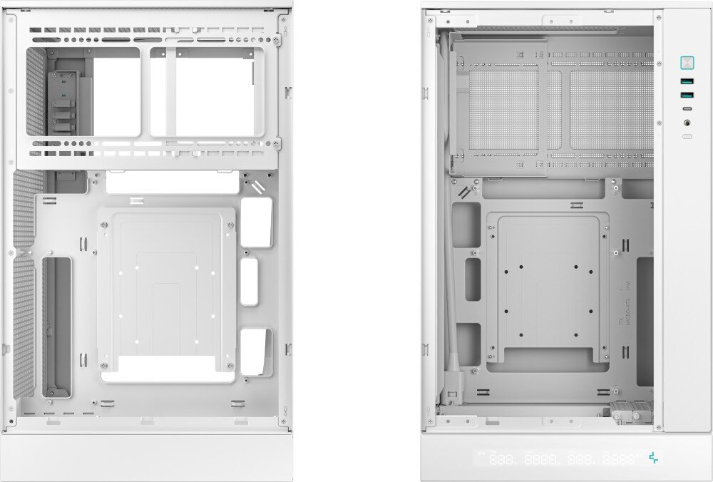 Obudowa DEEPCOOL CH270 Digital WH Dwa ujęcia pustego wnętrza konstrukcji prezentujące układ ramy montażowej oraz miejsca na okablowanie