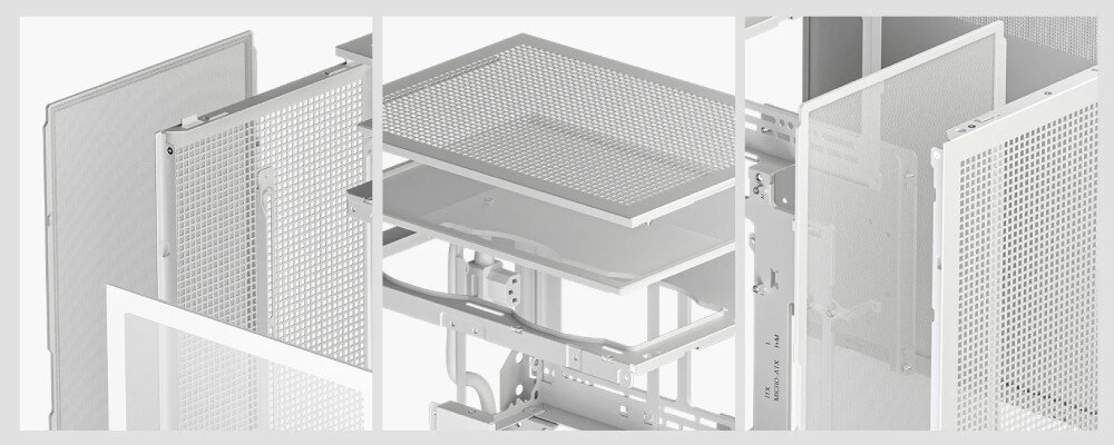 Obudowa DEEPCOOL CH270 Digital WH Trzy grafiki pokazujące detale budowy, w tym zdejmowane panele z gęstej siatki oraz górną strukturę szkieletu