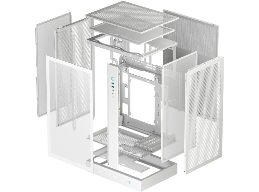 Obudowa DEEPCOOL CH270 Digital WH Zbliżenie na działające chłodzenie wodne z podświetleniem oraz ekran na bloku procesora widoczny przez boczną szybę