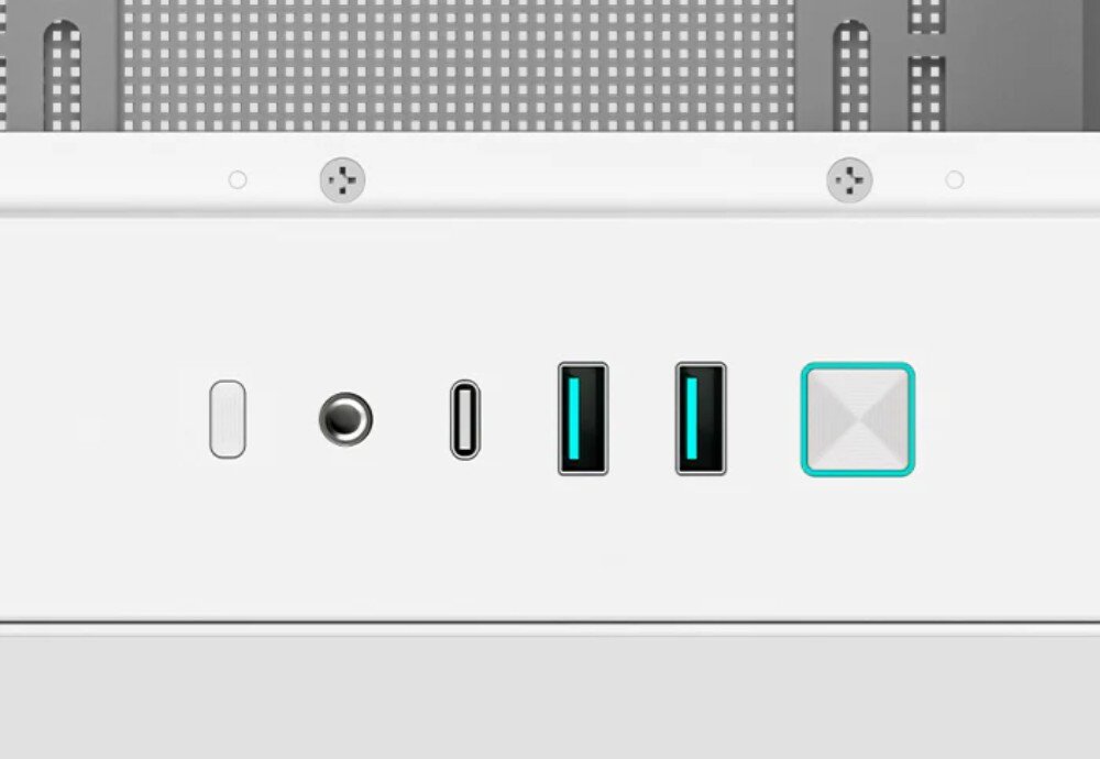 Obudowa DEEPCOOL CH270 Digital WH Panel ze złączami zawierający kwadratowy przycisk zasilania, dwa porty USB typu A, jeden port USB typu C oraz gniazdo audio jack