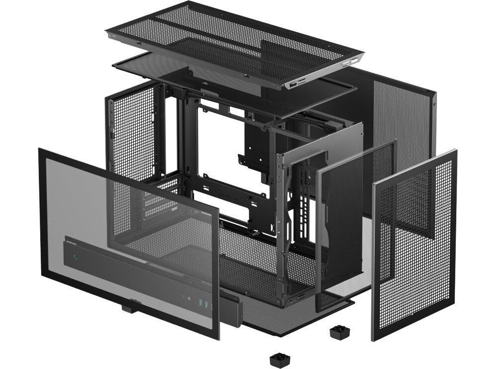 Obudowa DEEPCOOL CH260 rzut izometryczny rozłożonej na części obudowy komputerowej pokazujący demontowalne panele siatkowe, szkło hartowane oraz filtry przeciwkurzowe