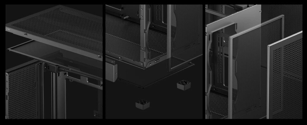 Obudowa DEEPCOOL CH260 zestaw trzech detali pokazujących sposób montażu filtrów przeciwkurzowych oraz dopasowanie paneli siatkowych do szkieletu obudowy