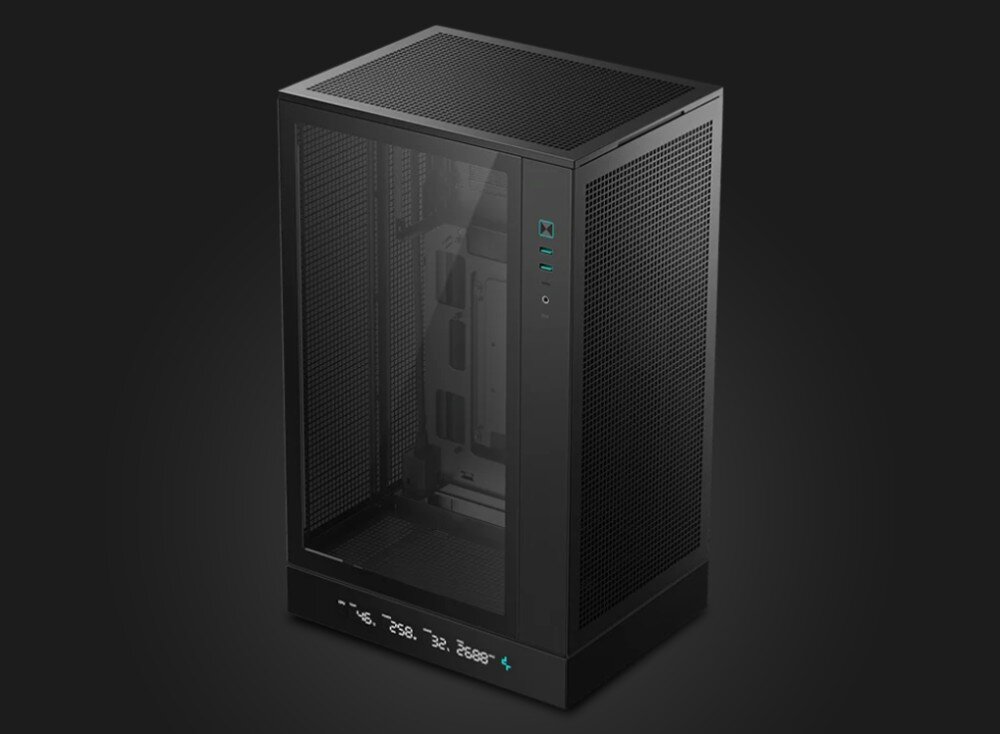 Obudowa DEEPCOOL CH270 Digital Czarna obudowa komputerowa typu tower o pionowej orientacji z przeszklonym bokiem i cyfrowym wyświetlaczem u podstawy