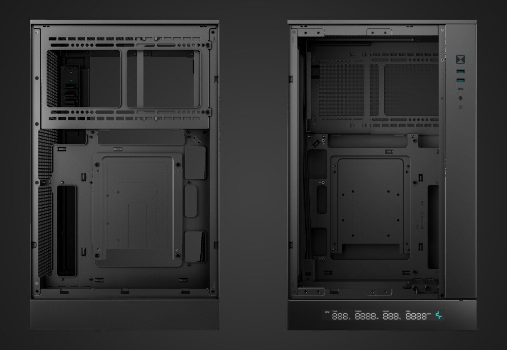 Obudowa DEEPCOOL CH270 Digital Dwa ujęcia pustego wnętrza czarnej konstrukcji prezentujące układ ramy montażowej oraz miejsca na okablowanie