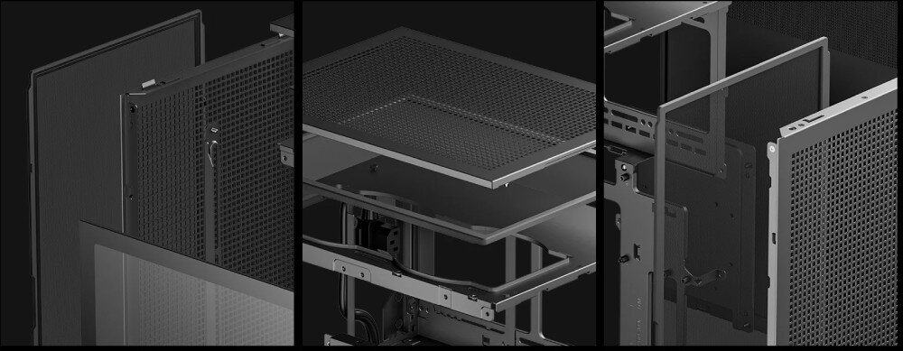 Obudowa DEEPCOOL CH270 Digital Trzy grafiki pokazujące detale budowy, w tym zdejmowane panele z gęstej siatki oraz górną strukturę szkieletu