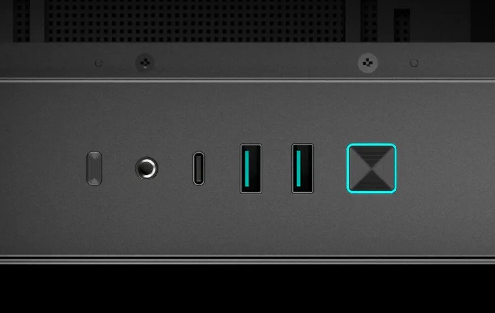 Obudowa DEEPCOOL CH270 Digital Panel ze złączami zawierający kwadratowy przycisk zasilania, dwa porty USB typu A, jeden port USB typu C oraz gniazdo audio jack