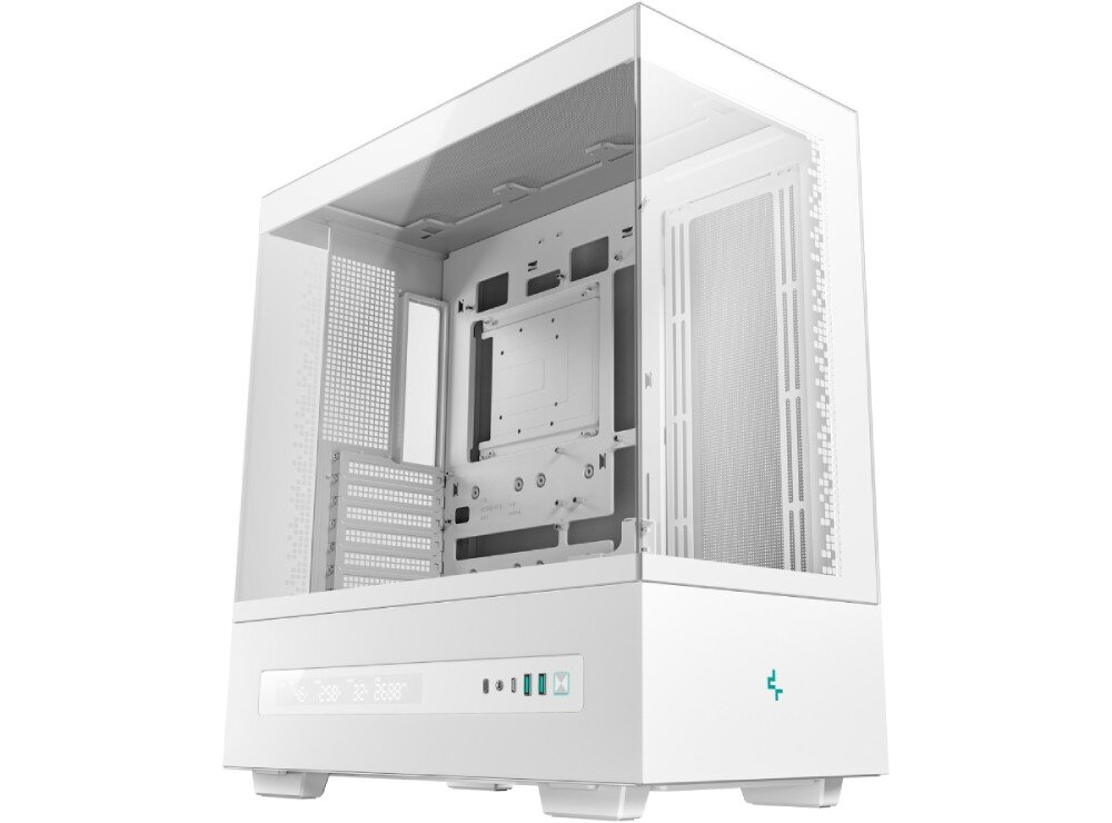 Obudowa DEEPCOOL CH690 Digital Złożony i uruchomiony zestaw komputerowy z turkusowym podświetleniem wentylatorów stojący na biurku w zaciemnionym pokoju