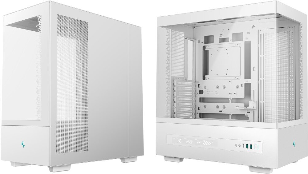 Obudowa DEEPCOOL CH690 Digital Zestawienie dwóch ujęć obudowy prezentujące z lewej strony panel boczny z siatką wentylacyjną a z prawej przeszklony bok z widokiem na wnętrze