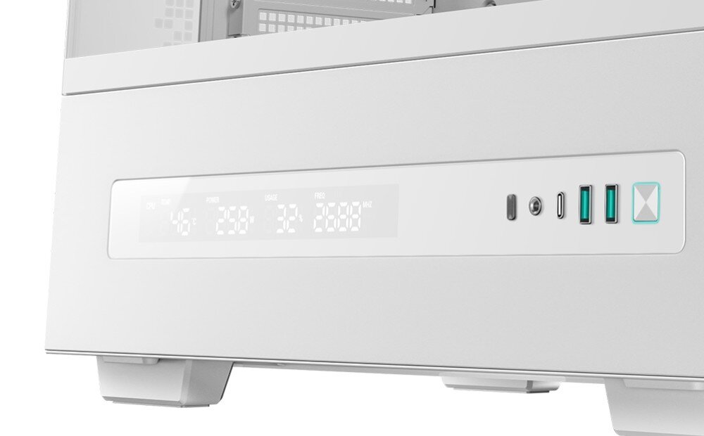 Obudowa DEEPCOOL CH690 Digital Zbliżenie na dolny panel frontowy białej obudowy z cyfrowym wyświetlaczem parametrów oraz portami USB i włącznikiem z podświetlaną obwódką