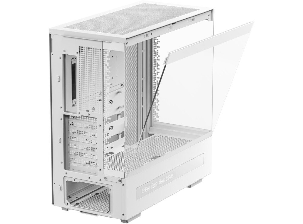 Obudowa DEEPCOOL CH690 Digital Biała obudowa komputerowa z uchylonym na bok przeszklonym panelem bocznym ukazująca puste wnętrze i strukturę montażową