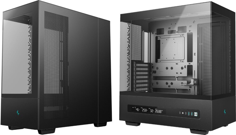 Obudowa DEEPCOOL CH690 Digital Zestawienie dwóch ujęć obudowy prezentujące z lewej strony panel boczny z siatką wentylacyjną a z prawej przeszklony bok z widokiem na wnętrze