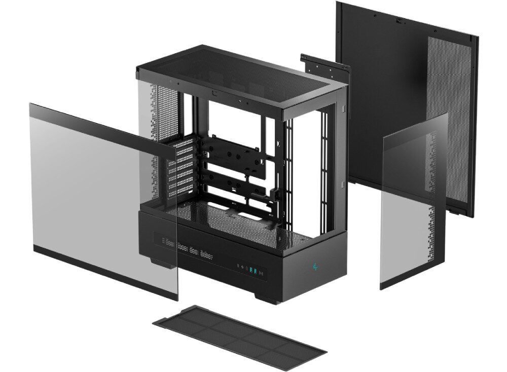 Obudowa DEEPCOOL CH690 Digital Grafika typu eksplozja przedstawiająca rozłożoną na części obudowę z widocznym szkieletem oraz oddzielonymi panelami i filtrami