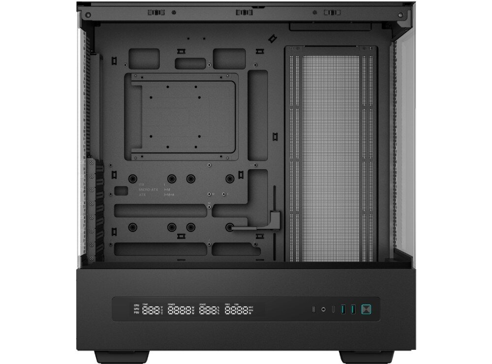 Obudowa DEEPCOOL CH690 Digital Bezpośredni widok z profilu na puste wnętrze obudowy ukazujący tacę montażową płyty głównej i dolną osłoną zasilacza