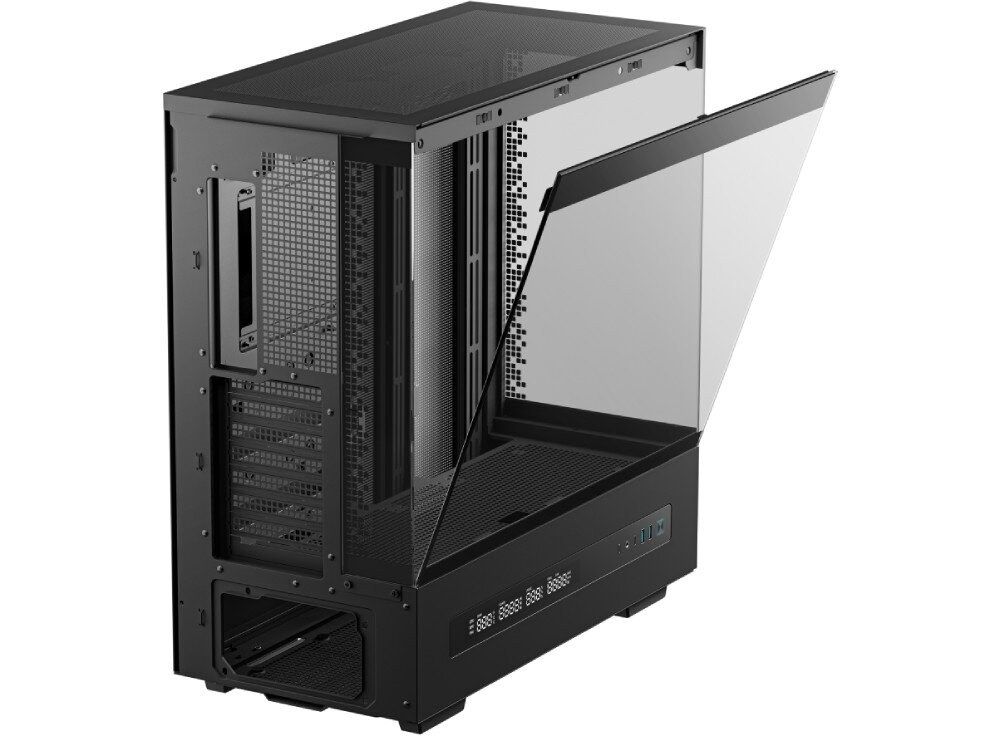 Obudowa DEEPCOOL CH690 Digital Czarna obudowa komputerowa z uchylonym na bok przeszklonym panelem bocznym ukazująca puste wnętrze i strukturę montażową