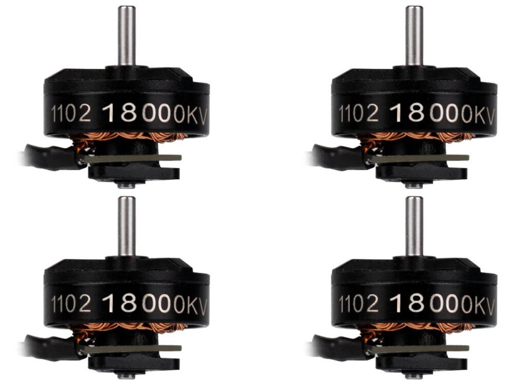 Silnik BETAFPV 1102 18000KV (4 szt.) Cztery czarne silniki ustawione w dwóch rzędach, każdy z widocznym białym napisem '1102 18000KV' na boku obudowy oraz miedzianym uzwojeniem u podstawy