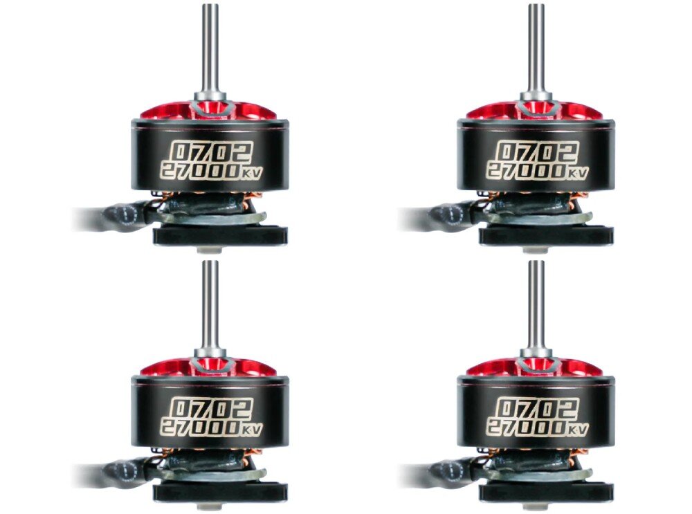 Silnik BETAFPV 0702 27000KV (4 szt.) dwóch silników bez osłon z czarnymi obudowami, czerwone wloty i nadruk 27000 KV