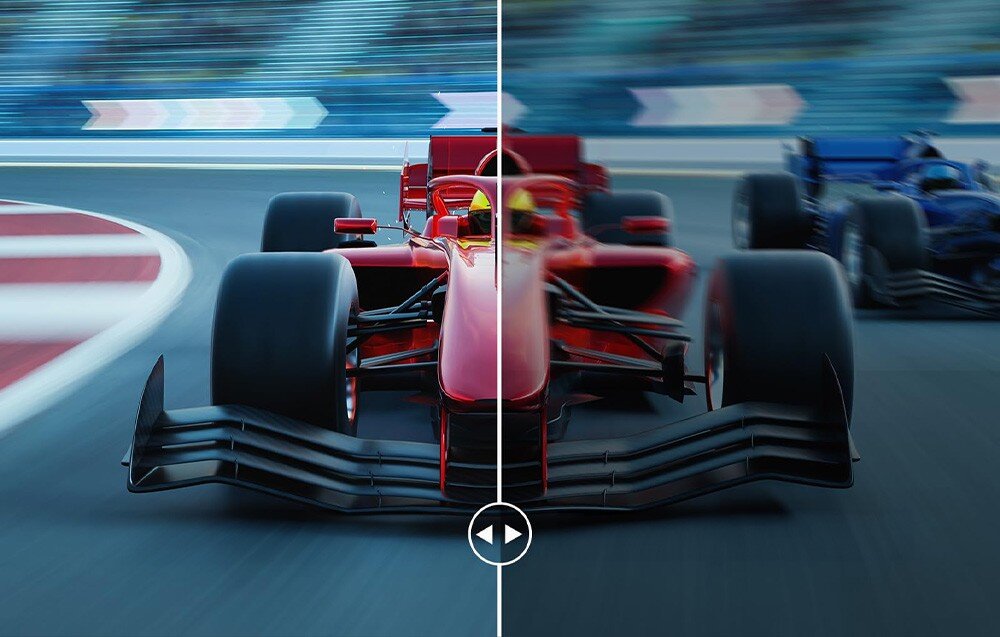 Monitor ARZOPA M1RC Grafika z wyścigiem samochodowym, podzielona na dwie części pokazujące różnice w ostrości obrazu, z czerwonym bolidem na pierwszym planie, kolory, jasność, kontrast, HDR