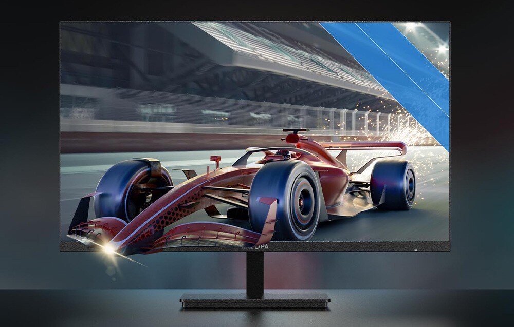 Monitor ARZOPA M1RC Monitor z wyświetloną sceną wyścigu bolidu na torze, w tle widać efekty świetlne i dynamiczny ruch, odświeżanie, płynność, czas reakcji