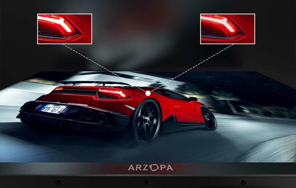 Monitor ARZOPA M1RC Zbliżenie na czerwony samochód sportowy jadący nocą, z dwoma powiększonymi fragmentami tylnego światła pokazującymi szczegóły obrazu, porty, podłączenie, mocowanie VESA