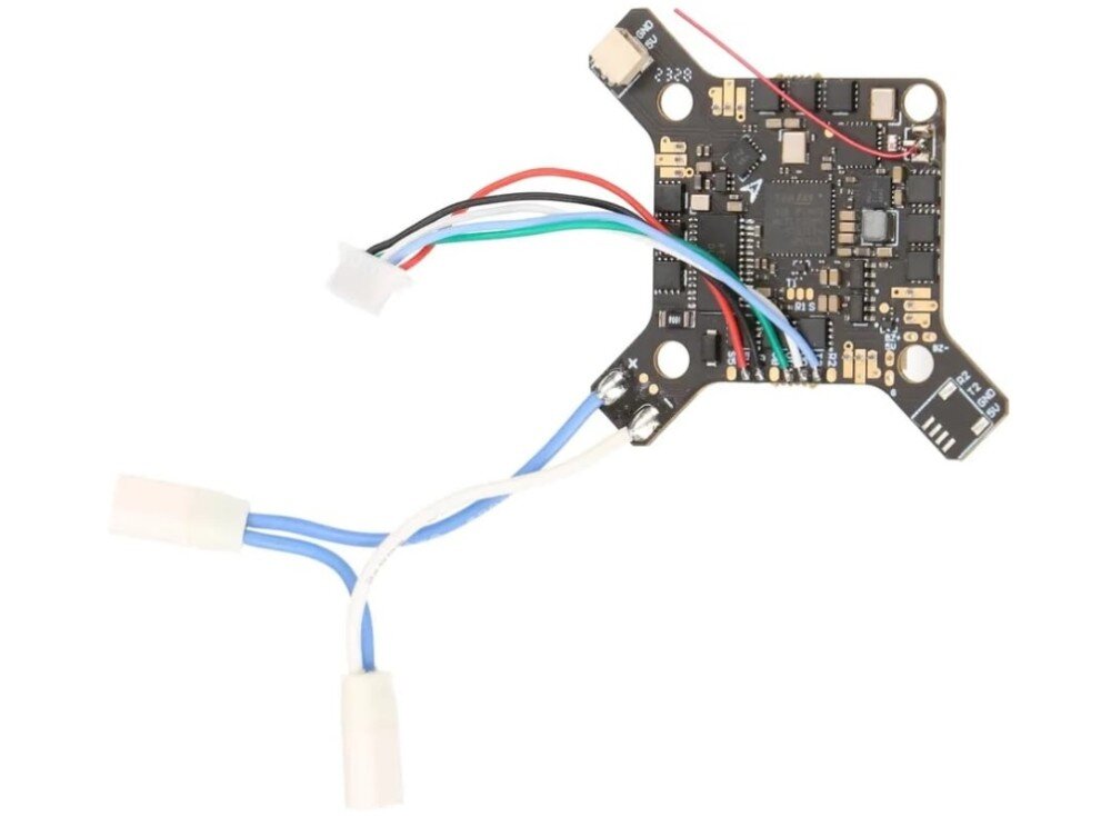 Kontroler BETAFPV F4 1S AIO Brushless Flight Controller 12A -SPI ELRS 2.4G Widok z góry na czarną płytkę drukowaną wyposażoną w cztery białe gniazda przyłączeniowe na rogach oraz wychodzącą z boku wiązkę wielokolorowych przewodów z wtyczką