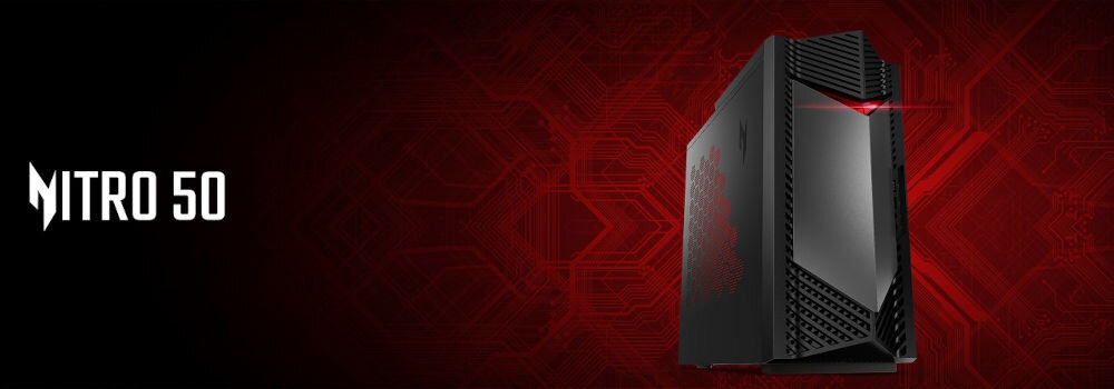 Komputer ACER Nitro N50-656 i5-14400F 32GB RAM 1TB SSD GeForce RTX5060 DLSS 4 Wi-Fi Windows 11 Home prezentacja komputera od przodu pod kątem na czerwono-czarnym geometrycznym tle napis z modelem