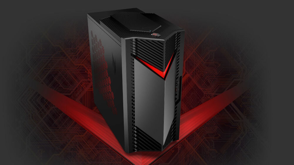 Komputer ACER Nitro N50-656 i5-14400F 32GB RAM 1TB SSD GeForce RTX5060 DLSS 4 Wi-Fi Windows 11 Home prezentacja komputera od przodu pod kątem na czerwono-szarym geometrycznym tle wydajność procesor karta graficzna pamięć RAM dysk SSD
