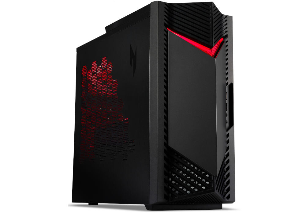 Komputer ACER Nitro N50-656 i5-14400F 32GB RAM 1TB SSD GeForce RTX5060 DLSS 4 Wi-Fi Windows 11 Home prezentacja komputera od przodu pod kątem na białym tle wymiary optymalne wykorzystanie przestrzeni efektywny przepływ powietrza
